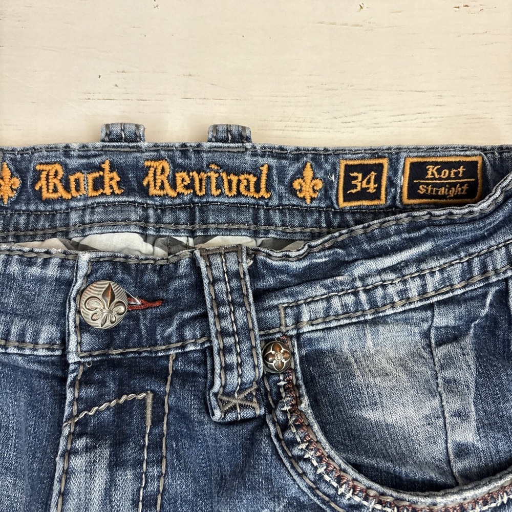 Rock Revival Mens Thick Stitch Jeans Kort Straight Leg Jeans Size 34 (36X33) - Picture 9 of 11